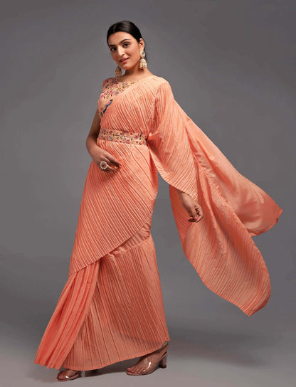 Orange Crush Chinon saree with heavy multi sequins work blouse and Qamar belt Designer saree Shopin Di Apparels 