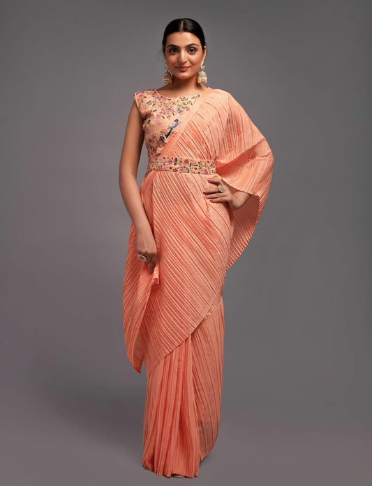 Orange Crush Chinon saree with heavy multi sequins work blouse and Qamar belt Designer saree Shopin Di Apparels 