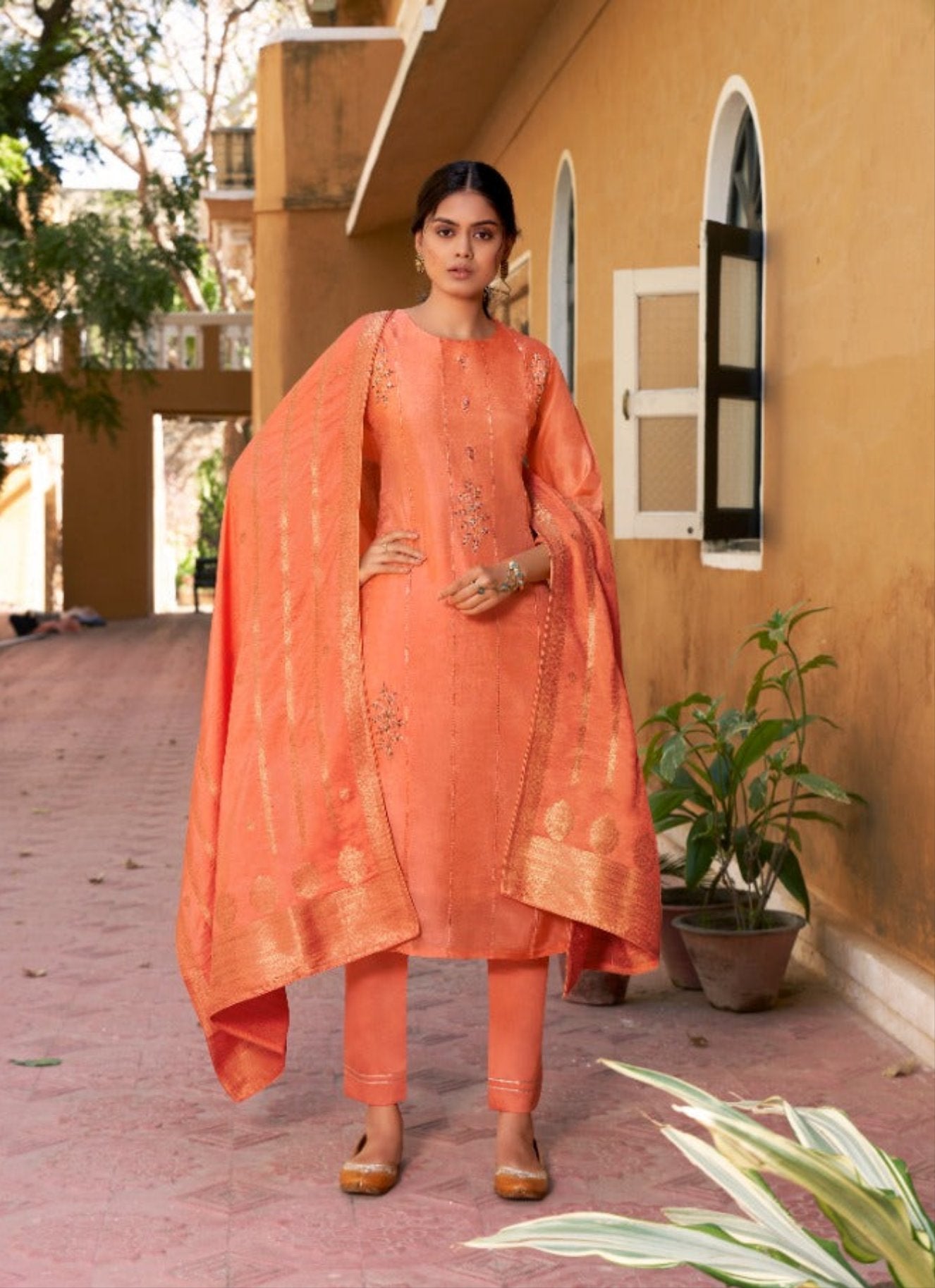 Orange Nazakat Festive Wear Uppada Silk Straight Cut Suit Shopindiapparels.com 