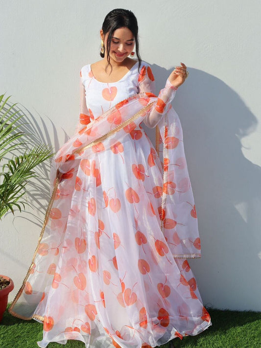 Orange White Georgette Gown with Floral Digital Printed Dupatta Gown with Dupatta Shopindiapparels.com 