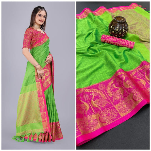 Parrot Green Pink Cotton Silk Saree with Jacquard Blouse Silk Cotton Saree Shopin Di Apparels 