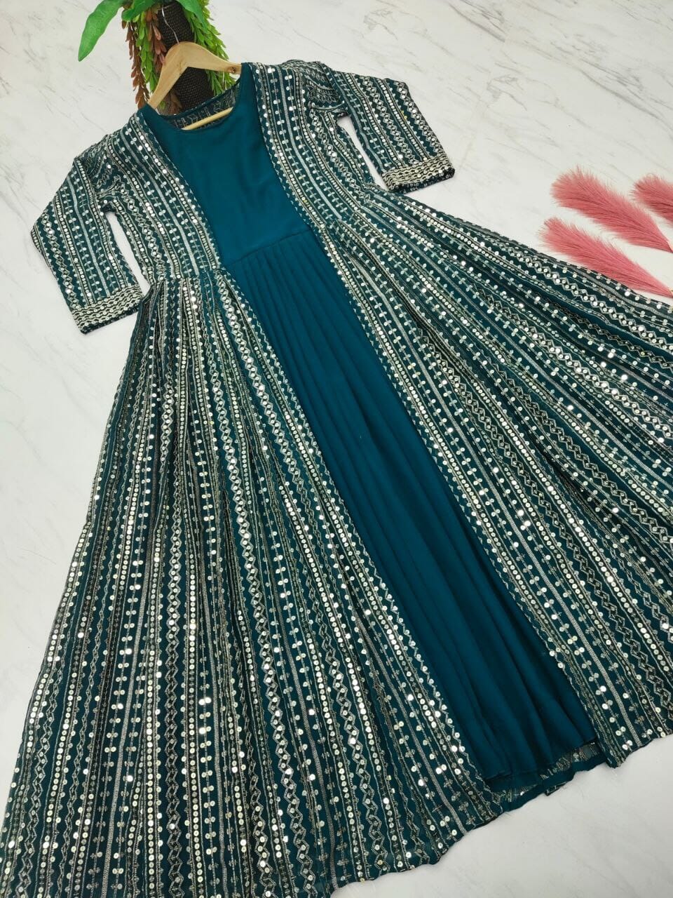 Party Wear Look Sequence work Gown & Long Koti Set gown shopindi.sg 