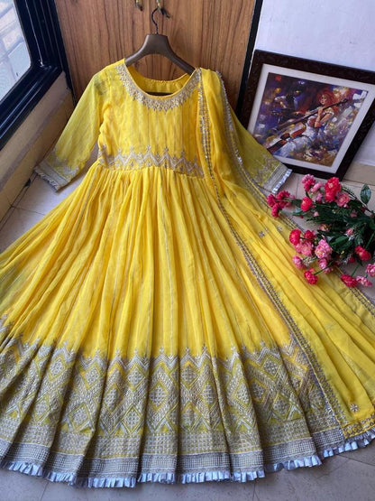 Partywear Georgette Zari Work Anarkali Gown with Dupatta Gowns Shopindiapparels.com 