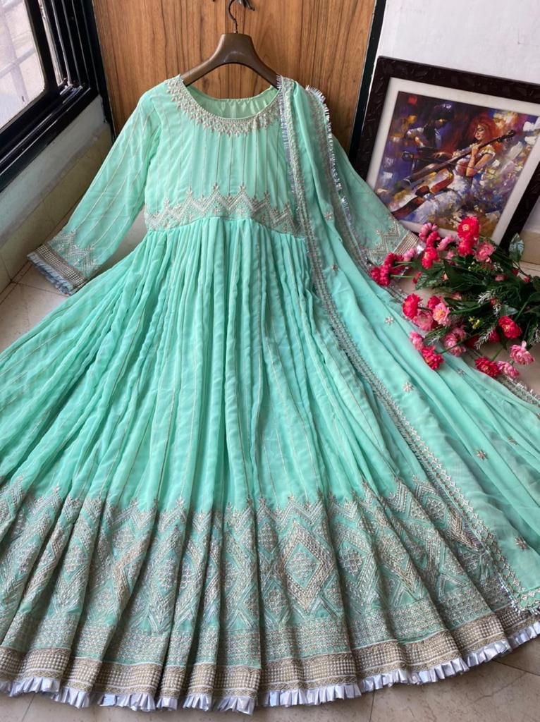Partywear Georgette Zari Work Anarkali Gown with Dupatta Gowns Shopindiapparels.com 