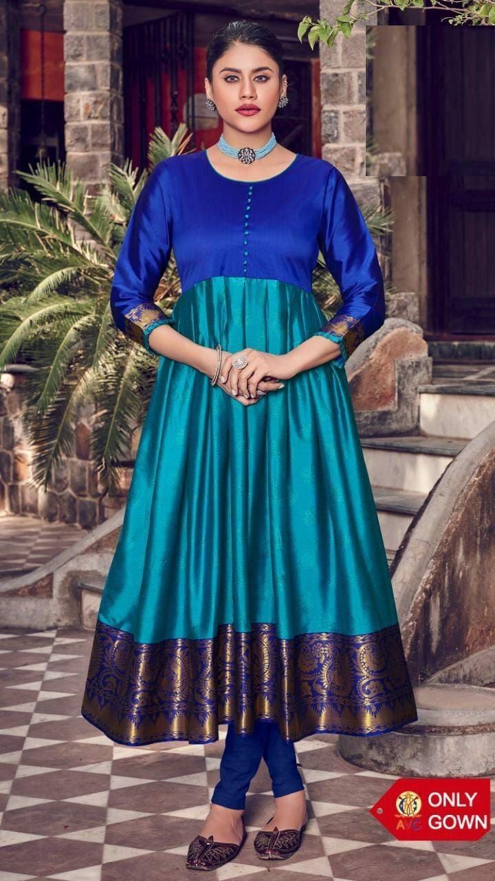 Peacock Blue Designer Lichi Silk Jaquard Gown with creap inner Gowns Shopindiapparels.com 
