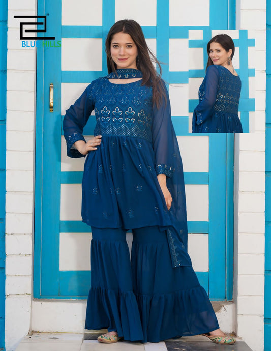 Peacock Blue Fancy Wear Georgette Sharara Suit Designer Suits Shopindiapparels.com 