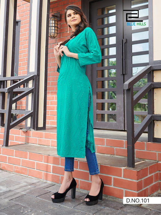 Peacock Blue Plus Size Plain Kurti with lucknow work Shopindiapparels.com 