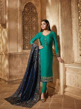 Load image into Gallery viewer, Peacock Blue Satin Georgette Straight Cut Suit Shopindiapparels.com 