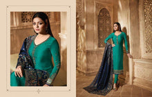 Load image into Gallery viewer, Peacock Blue Satin Georgette Straight Cut Suit Shopindiapparels.com 