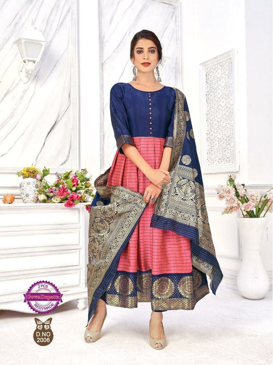 Pink Blue Designer Silk Gown with Banarasi Dupatta Gowns Shopindiapparels.com 