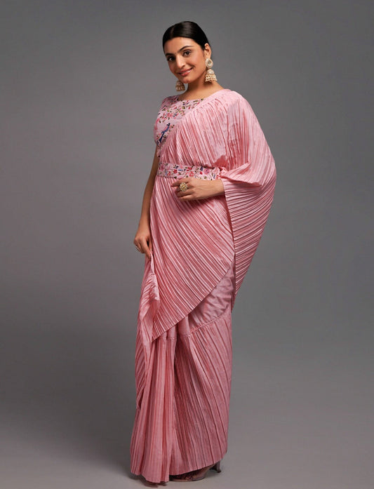 Pink Crush Chinon saree with heavy multi sequins work blouse and Qamar belt Designer saree Shopin Di Apparels 