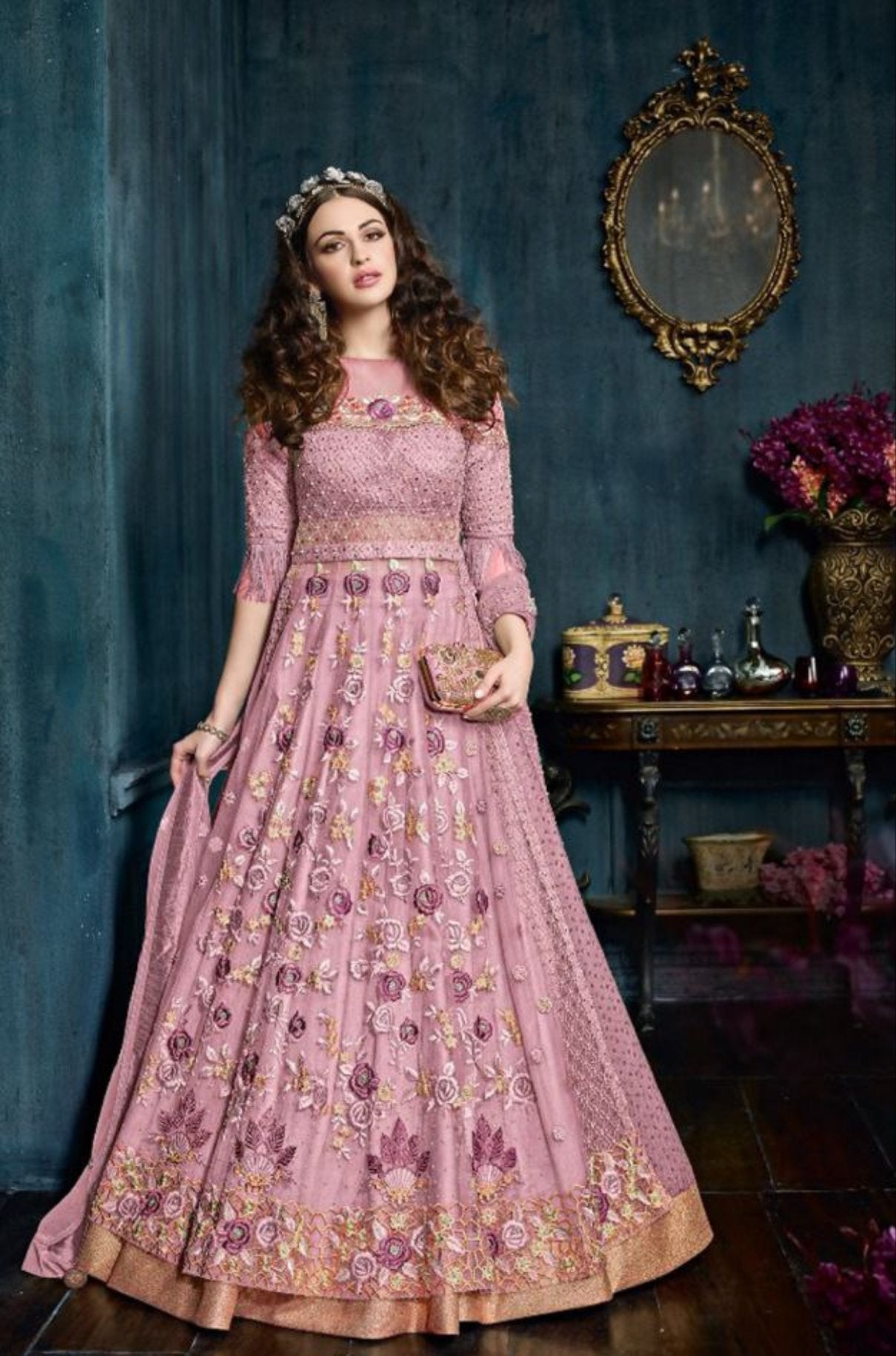 Pink Designer Heavy Net Anarkali Suit with Embroidery work + stone Shopindiapparels.com 