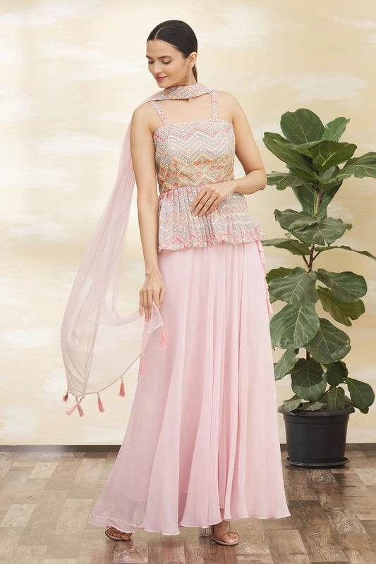 Pink Fancy Wear Sequence Work Sleeveless Top With Lehenga Dupatta 3pc Lehenga's Shopin Di Apparels 
