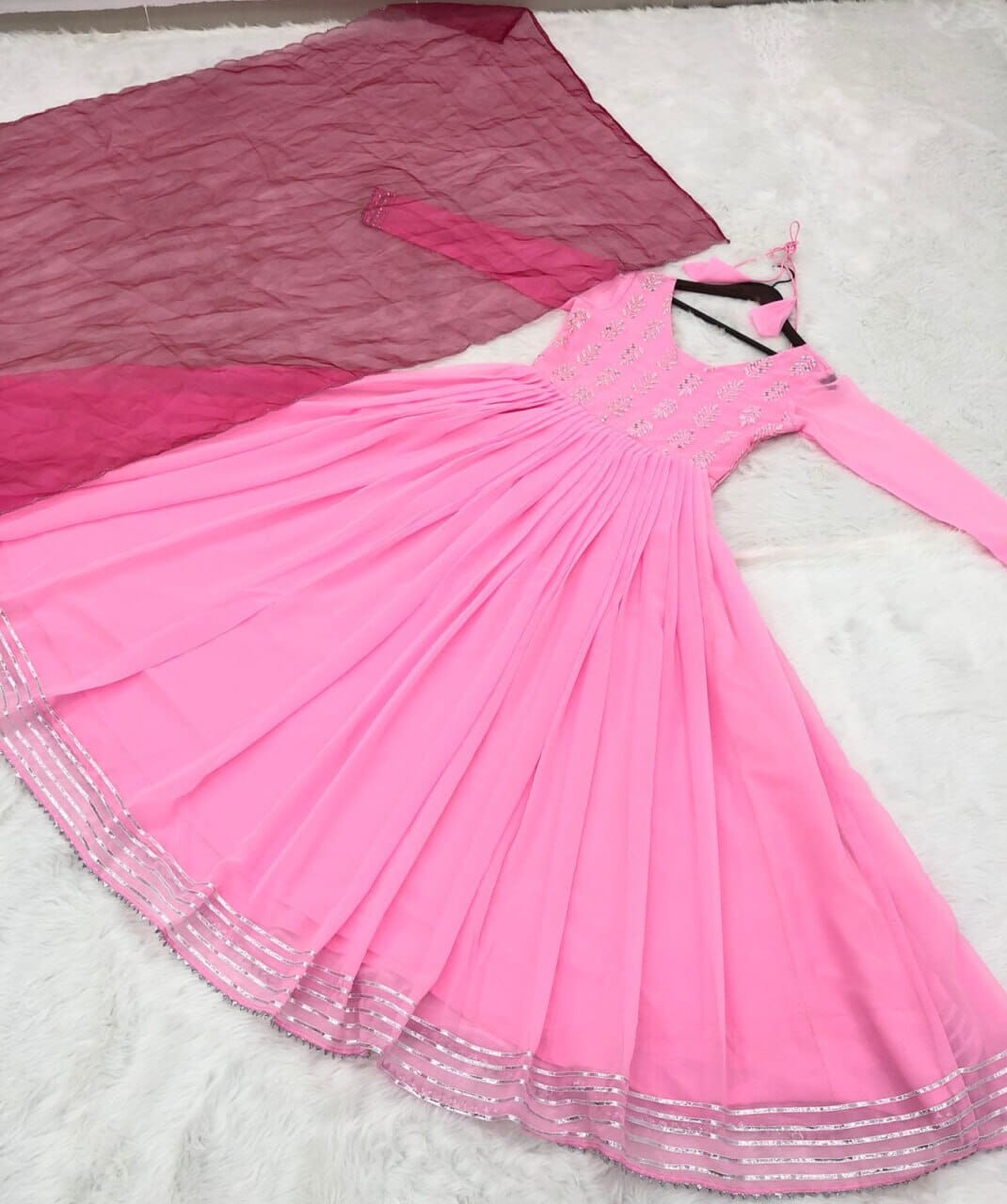 Pink Georgette Real Mirror Work Embroidered Gown with Dupatta Gown with Dupatta Shopin Di Apparels 