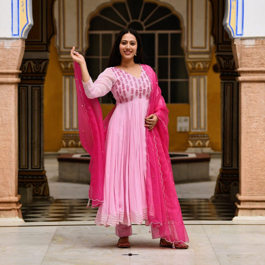 Pink Georgette Real Mirror Work Embroidered Gown with Dupatta Gown with Dupatta Shopin Di Apparels 