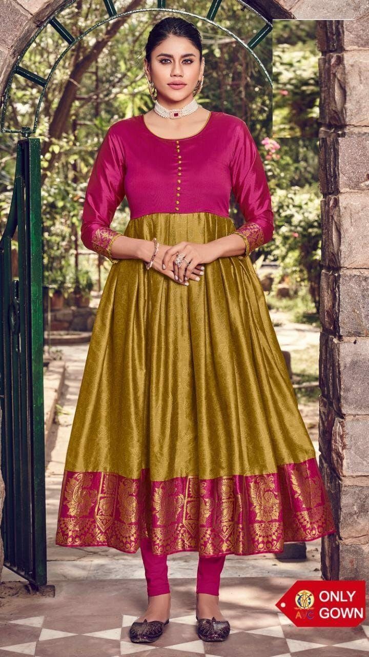 Pink Mustard Designer Lichi Silk Jaquard Gown with creap inner Gowns Shopindiapparels.com 