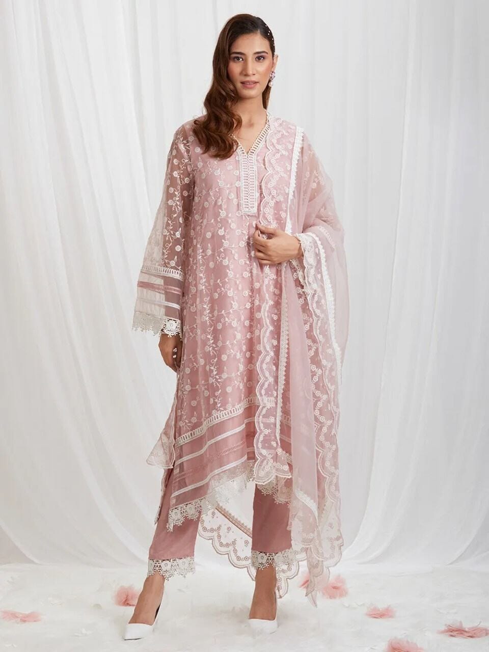 Pink Organza Silk Designer Suit with Lace work Designer Suits shopindi.sg 