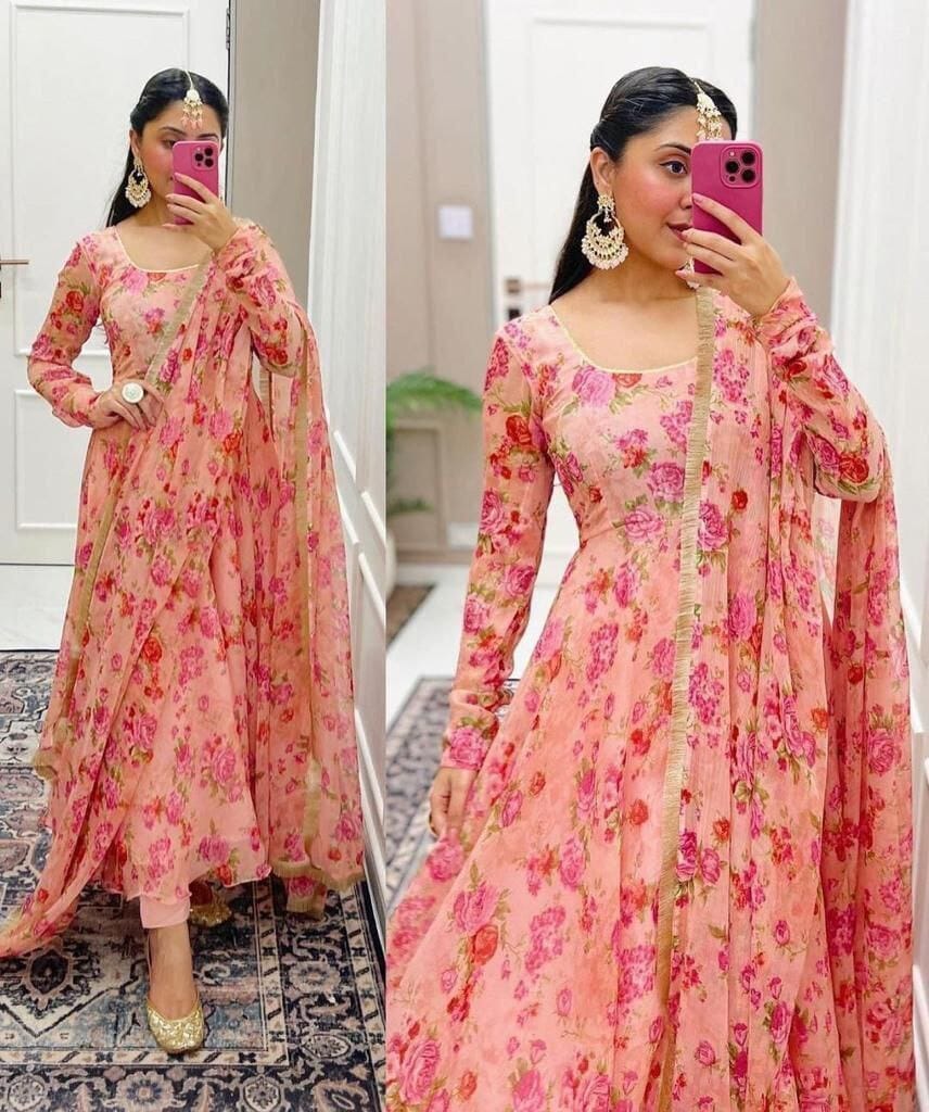 Pink Roses Georgette Gown with Floral Digital Printed Dupatta in all sizes up to 7XL Gown with Dupatta Shopindiapparels.com 