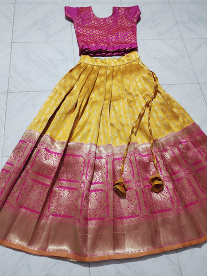 Pink Silk Kid's Lehenga Festival Wear Pavadai Sattai 3 colors Kid's Lehenga Shopindiapparels.com 