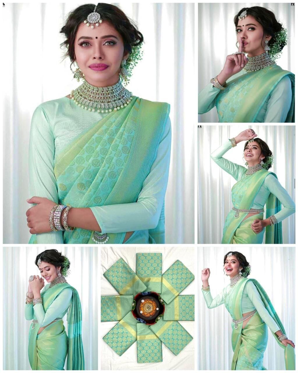 Pista Green Beautiful Rich Pallu Soft Lichi Silk Saree shopindi.sg 