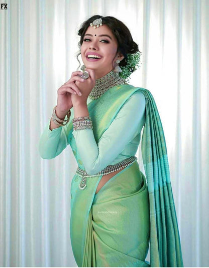 Pista Green Beautiful Rich Pallu Soft Lichi Silk Saree shopindi.sg 