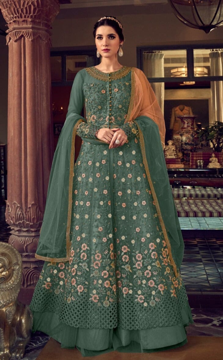 Pista Green Butterfly Net Designer Suit with Skirt and Embroidered Pants Designer Suits Shopin Di Apparels 