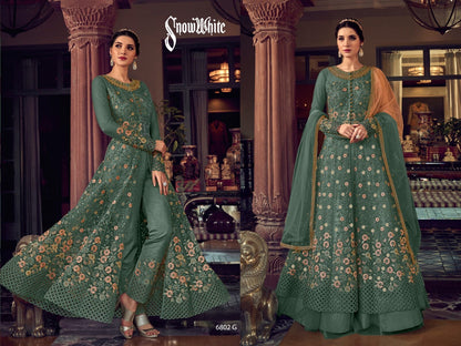 Pista Green Butterfly Net Designer Suit with Skirt and Embroidered Pants Designer Suits Shopin Di Apparels 