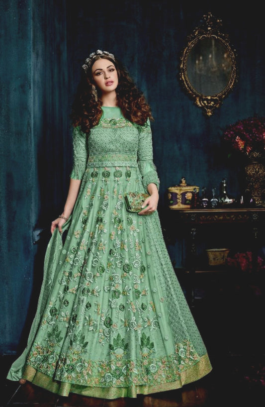 Pista Green Designer Heavy Net Anarkali Suit with Embroidery work + stone Shopindiapparels.com 