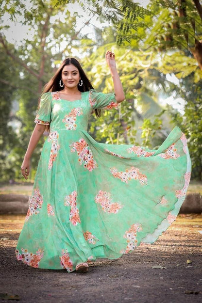 Pista Green Digital Printed Georgette Gown Gown shopindi.sg 