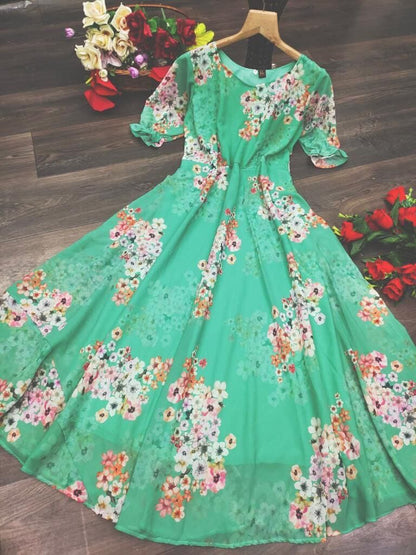 Pista Green Digital Printed Georgette Gown Gown shopindi.sg 