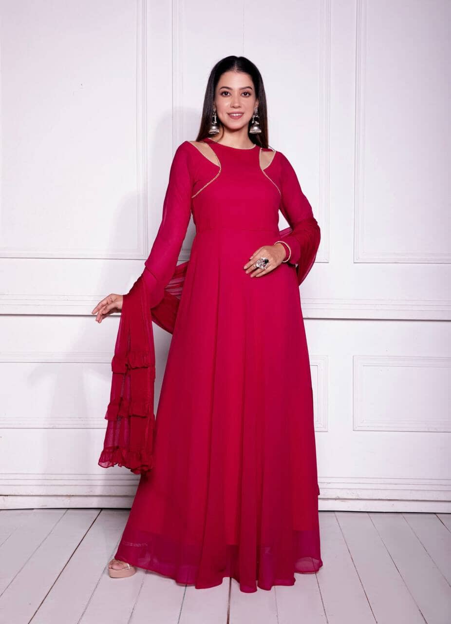 Plain Red Georgette Gown Printed Dupatta and Pant Gown with Dupatta Shopindiapparels.com 