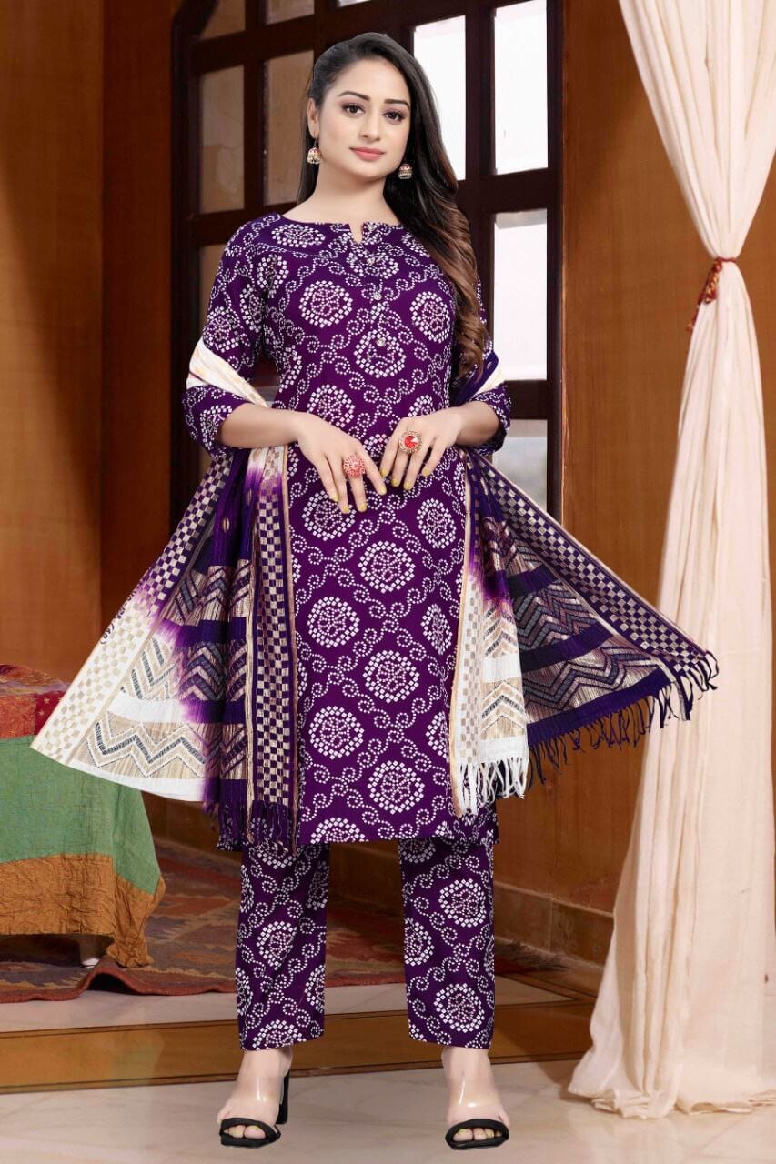 Purple Bandhani Printed Rayon Straight Cut Suit Designer Suits shopindi.sg 
