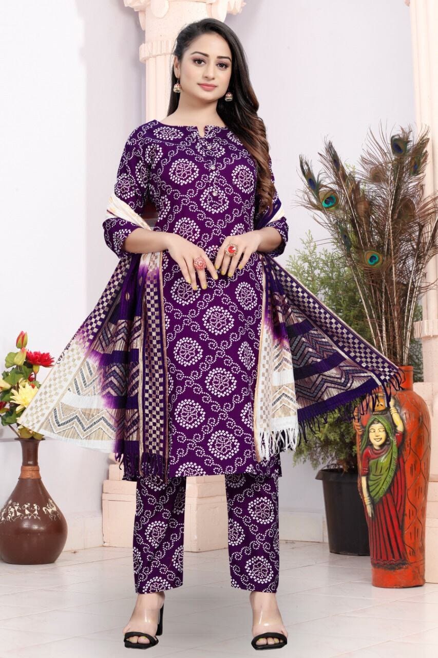 Purple Bandhani Printed Rayon Straight Cut Suit Designer Suits shopindi.sg 