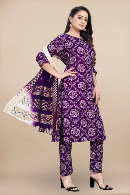Purple Bandhani Printed Rayon Straight Cut Suit Designer Suits shopindi.sg 