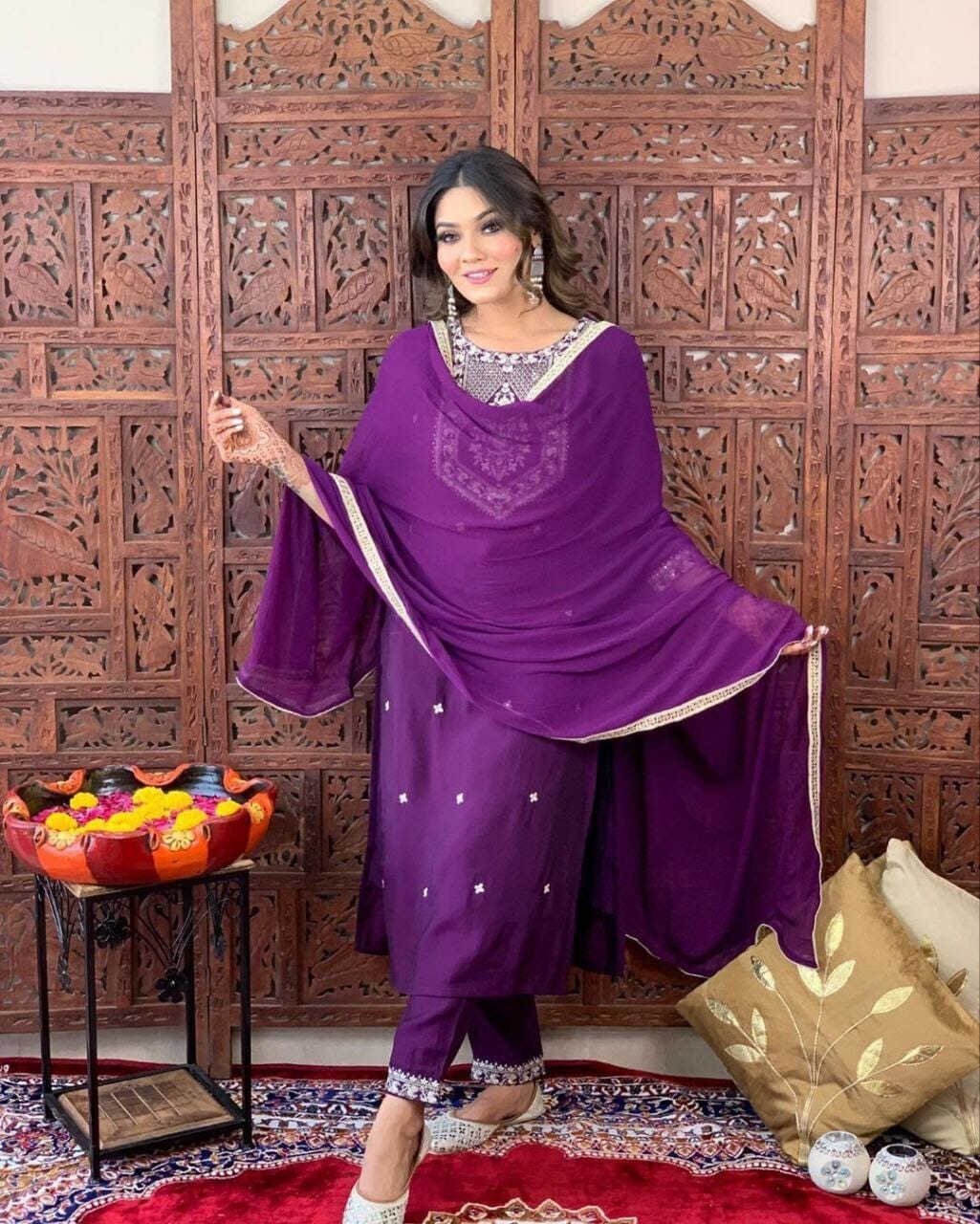 Purple Embroidered Kurti with Dupatta and Plazzo Kurti with Dupatta and Bottom shopindi.sg 