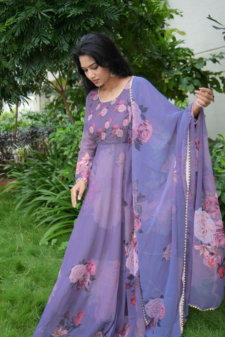 Purple Floral Digital Printed Gown with Pearl work Dupatta Gown with Dupatta Shopindiapparels.com 