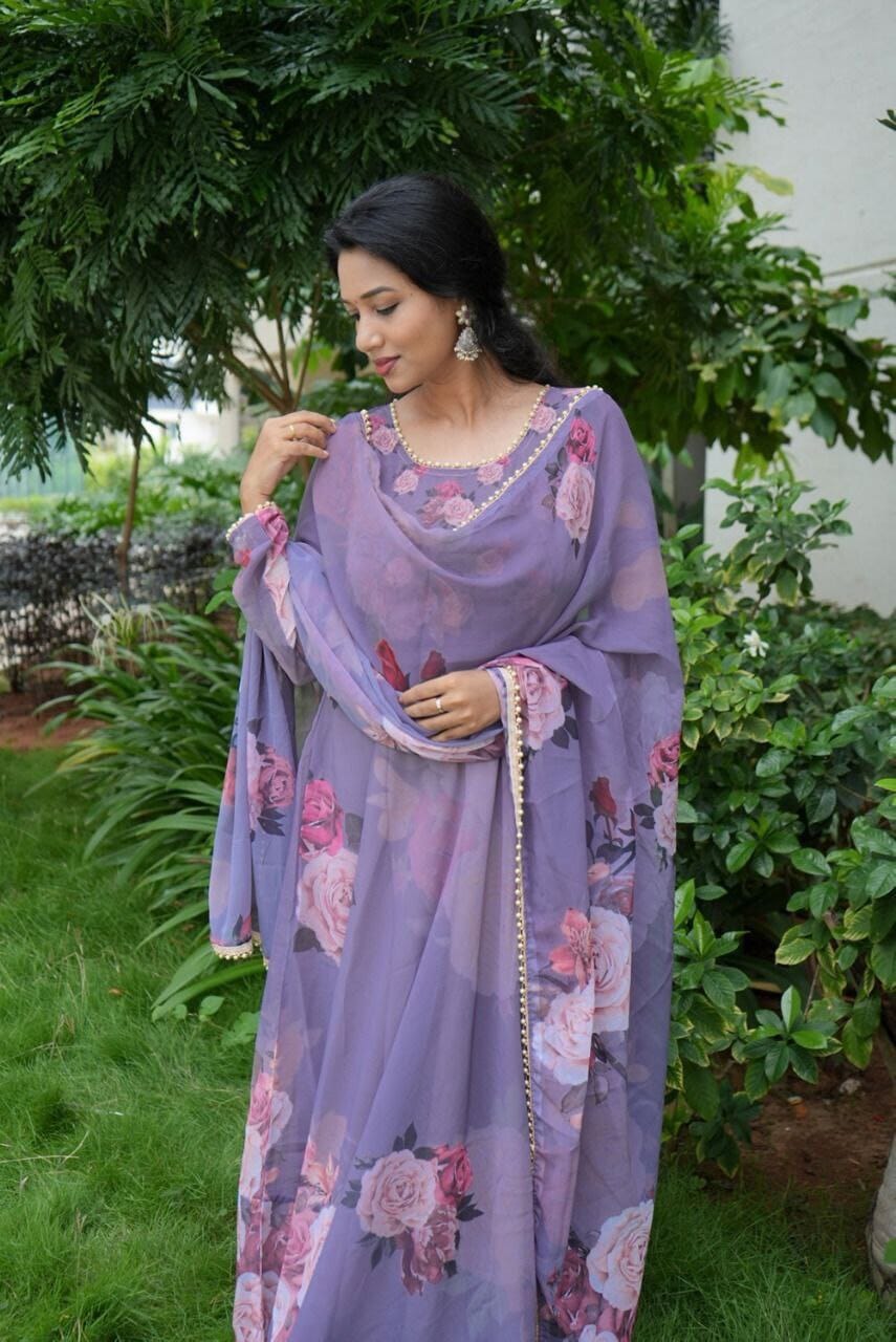 Purple Floral Digital Printed Gown with Pearl work Dupatta Gown with Dupatta Shopindiapparels.com 