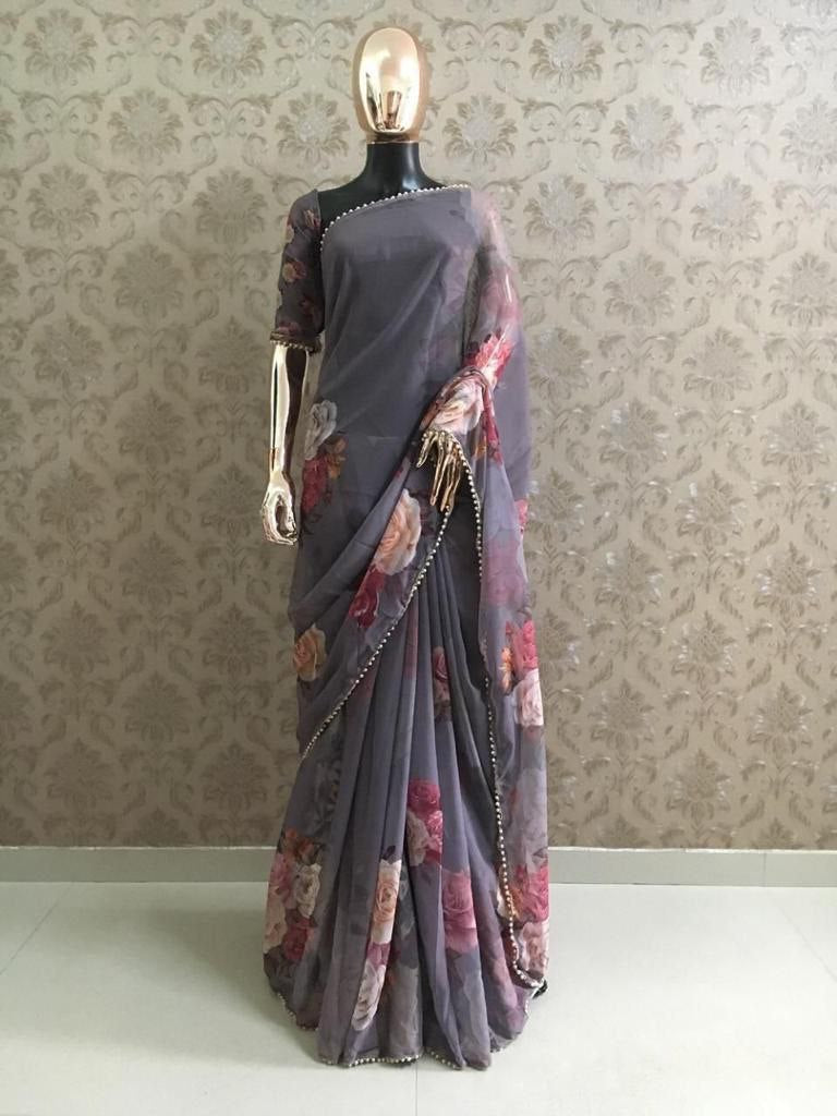 Purple Georgette Saree with Rose Prints and Pearl lace border work Saris & Lehengas Shopindiapparels.com 