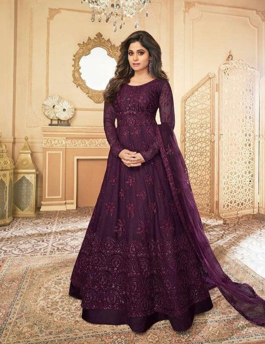 Purple Heavy Embroidered Net Anarkali Designer Suit Designer Suits AASHIRWAD 