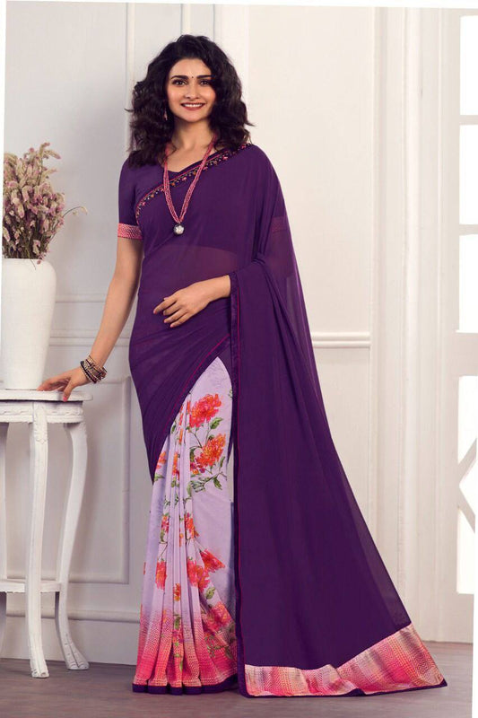 Purple Heavy Georgette Silk Half Half Saree Designer Saree Shopindiapparels.com 