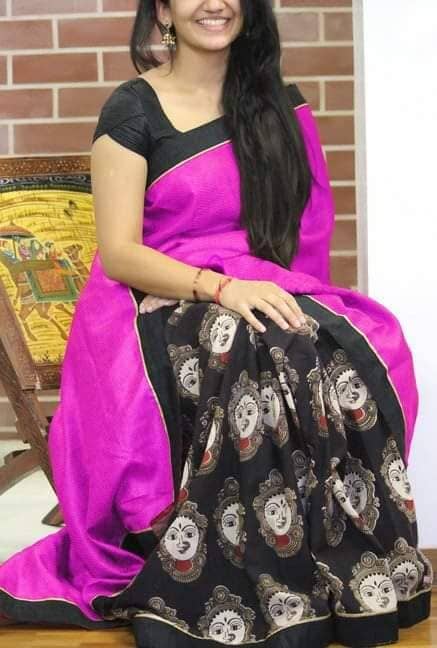 Purple Kalamkari Goddess Printed Half Saree Style Bhagalpuri Cotton Saree With Plain Blouse Saree Shopin Di Apparels 
