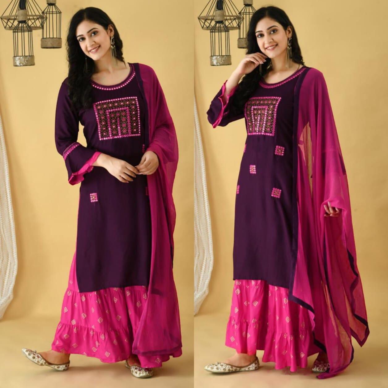 Purple Premium Rayon Mirror work Embroidered Sharara Suit Designer Suits Shopindiapparels.com 