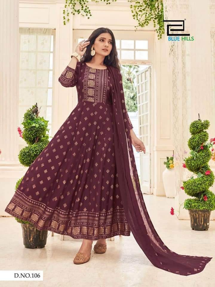 Purple Rayon Gold Printed Anarkali with Dupatta Kurti & Dupatta Blue Hills 