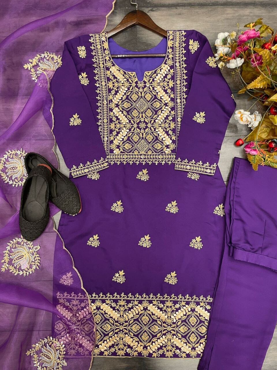 Purple Sequence Embroidered Kurti with Dupatta and Pant Kurti with Dupatta and Bottom Shopin Di Apparels 
