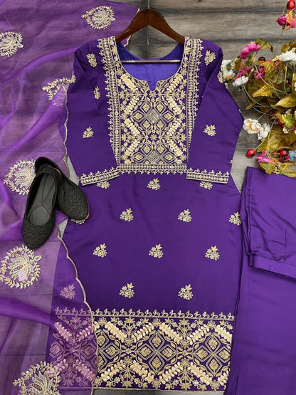 Purple Sequence Embroidered Kurti with Dupatta and Pant Kurti with Dupatta and Bottom Shopin Di Apparels 