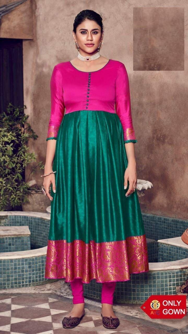 Rama Green Designer Lichi Silk Jaquard Gown with creap inner Gowns Shopindiapparels.com 