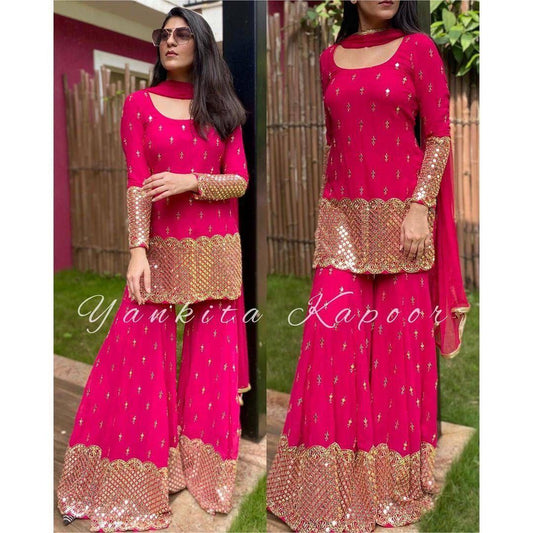 Rani Pink Heavy Faux Georgette Fancy Wear Sharara Suit Designer Suits Shopindiapparels.com 