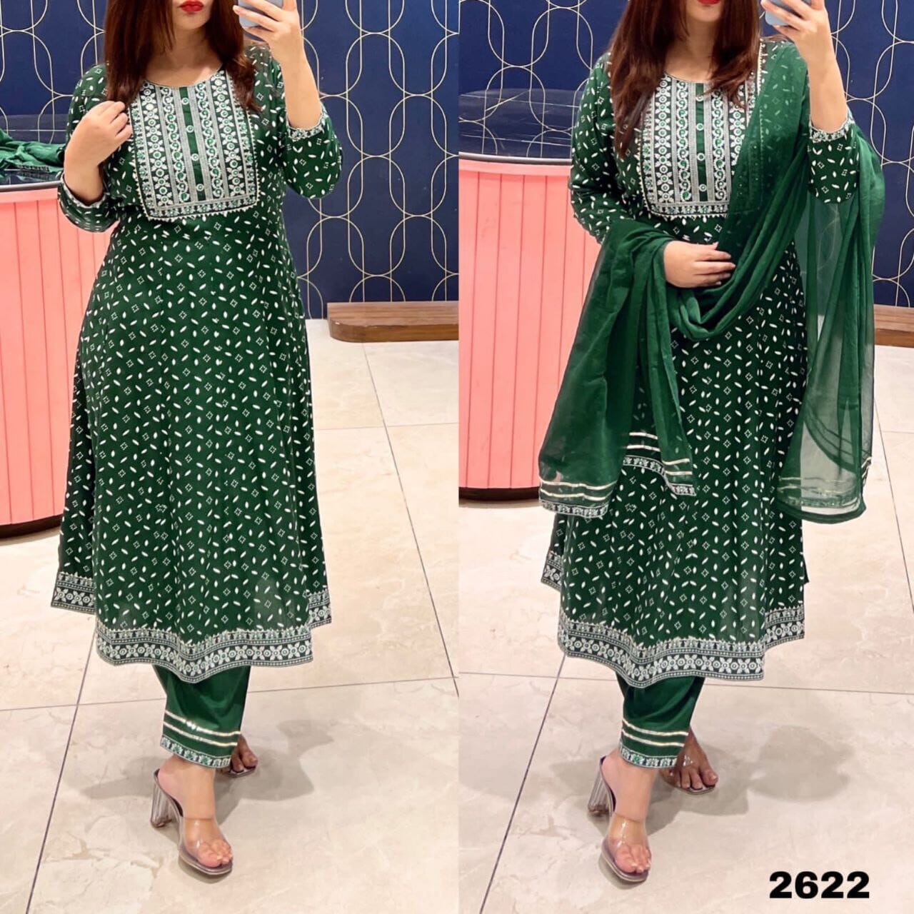 Rayon Anarkali Kurti With Pant and Chiffon Dupatta in 2 colors Kurti with Bottom and Dupatta Shopin Di Apparels 