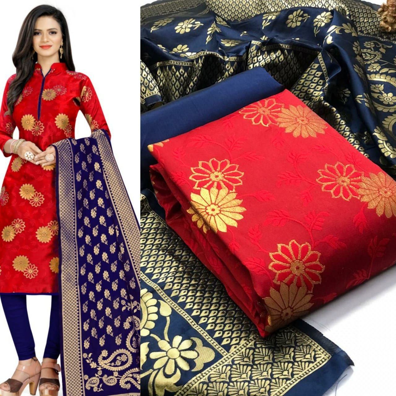 Red Banarasi Suit with Jequard weaving Dupatta Designer Suit Shopindiapparels.com 