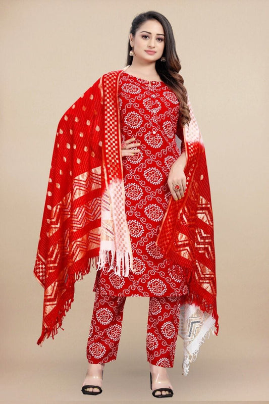Red Bandhani Printed Rayon Straight Cut Suit Designer Suits shopindi.sg 